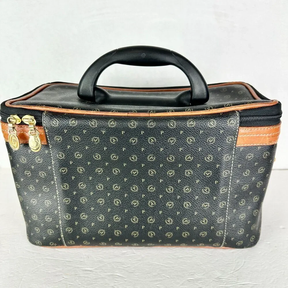 Pollini Vintage Leather Monogram Vanity Case Travel Toiletry Carry On Cosmetic